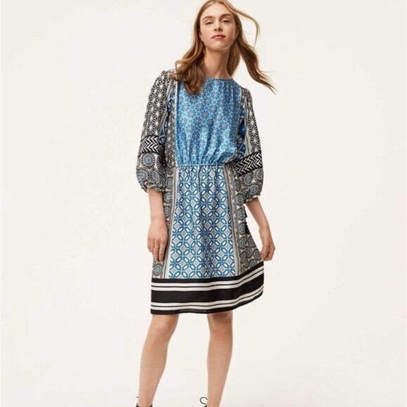 LOFT Tassel Boho Dress Size L Blue Geometric mosaic Tie - Picture 1 of 9